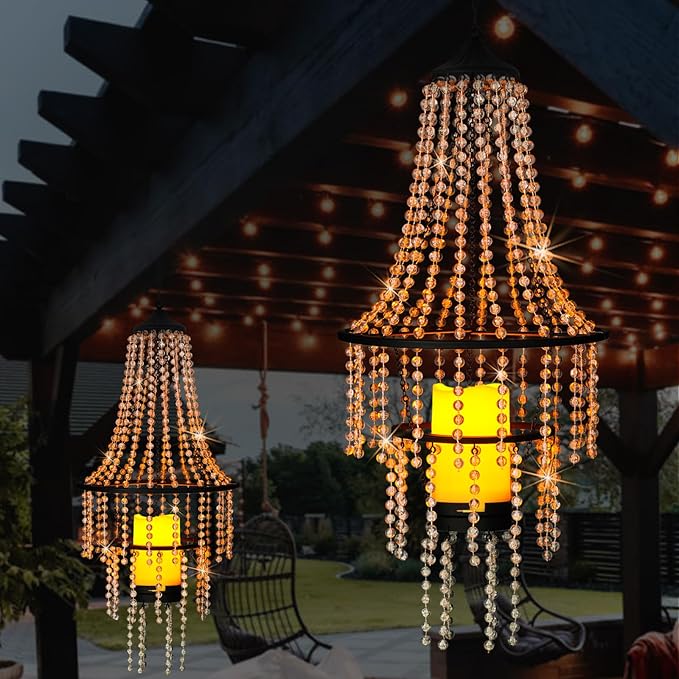 Hanging Candle Chandelier Outdoor Battery Operated Clear Acrylic Beaded Chandelier with Flickering Led Candle Light S Hooks Modern Lantern for Garden Yard Patio Gazebo Room Indoor Decorations 28”H