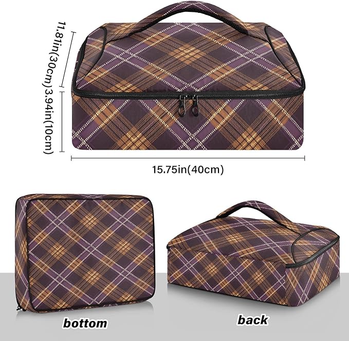 Casserole Carrier Purple Brown Tartan Print Insulated Casserole Carrier for Hot or Cold Food Thermal Lunch Tote for Parties Picnic Travel Carry Bag