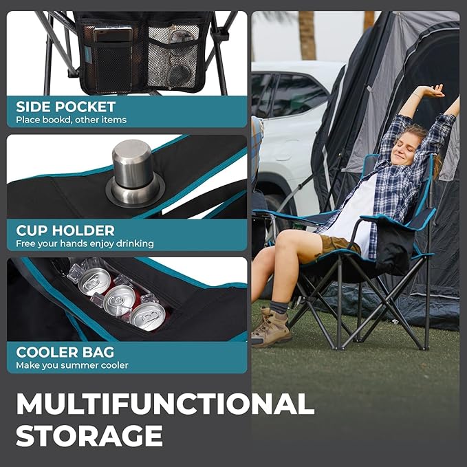FUNDANGO Oversized Camping Chair for Adults550lbs Heavy Duty Foldable Portable Lawn Chair with Padded Seat &amp Back 4-can Cooler &amp Cup Holder Carry Bag Included for Outdoor (Black/Grey)