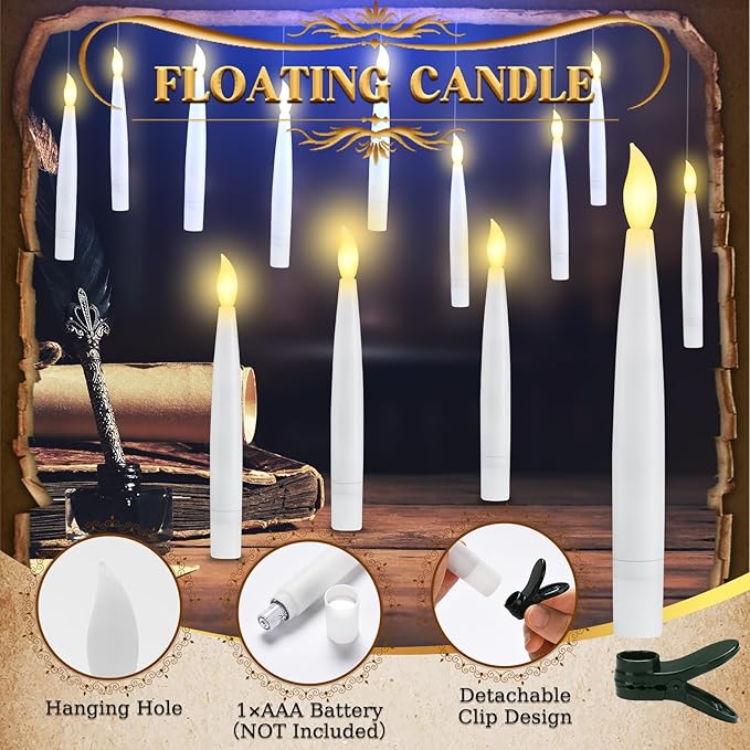 Halloween Decorations - Floating Candles with Wand &amp 6-Hour Timer - Flameless LED Hanging Candles with Clip Battery Operated Window Taper Candle for Indoor/Outdoor Halloween &amp Holiday Decor 1