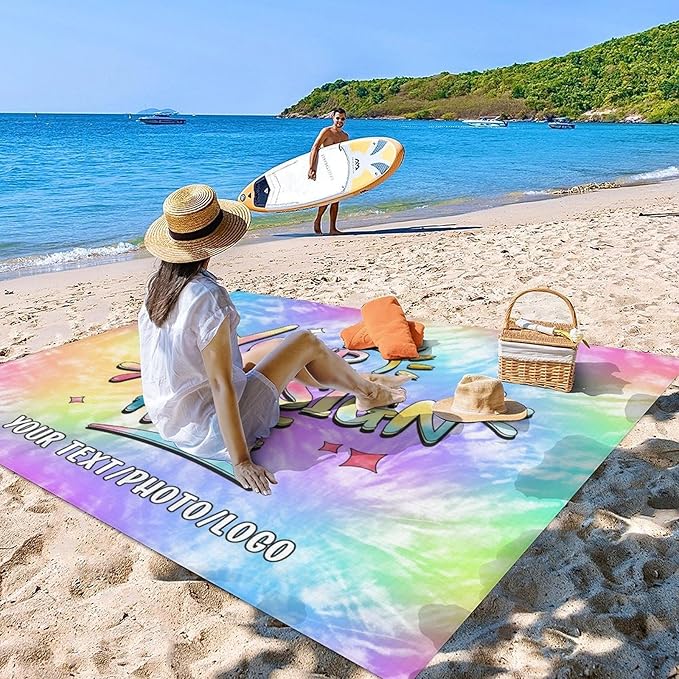 Custom Beach Blanket Waterproof Sandproof Large Mat 7.2 x 6.6 Ft for Family 4 Corner Sand Pockets &amp Stakes Personalized Blankets for Beach Travel Essentials Camping