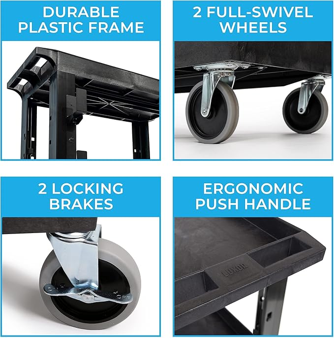 Stand Steady Tubstr 2 Shelf Utility Cart | Heavy Duty Service Cart Holds 400 lbs. | Adjustable Storage Hooks Ladder &amp Spool Holders | Tub Cart for Warehouse Garage School &amp Office (32 x 18i