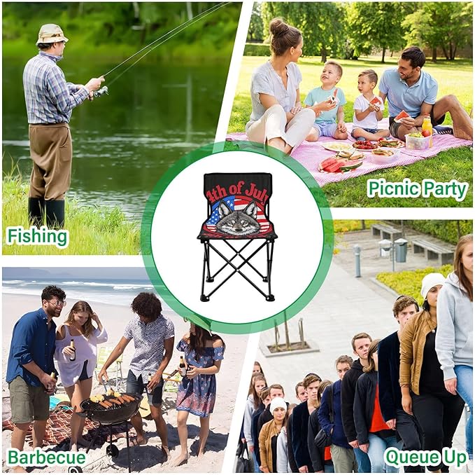 4th of July Independence Day Brown Wolf Compact Portable Chairs for Adults Ultra Lightweight Youth Camping Chair Carry Bag Included Hiking Chairs Backpacking Ultralight for Lawn Indoor