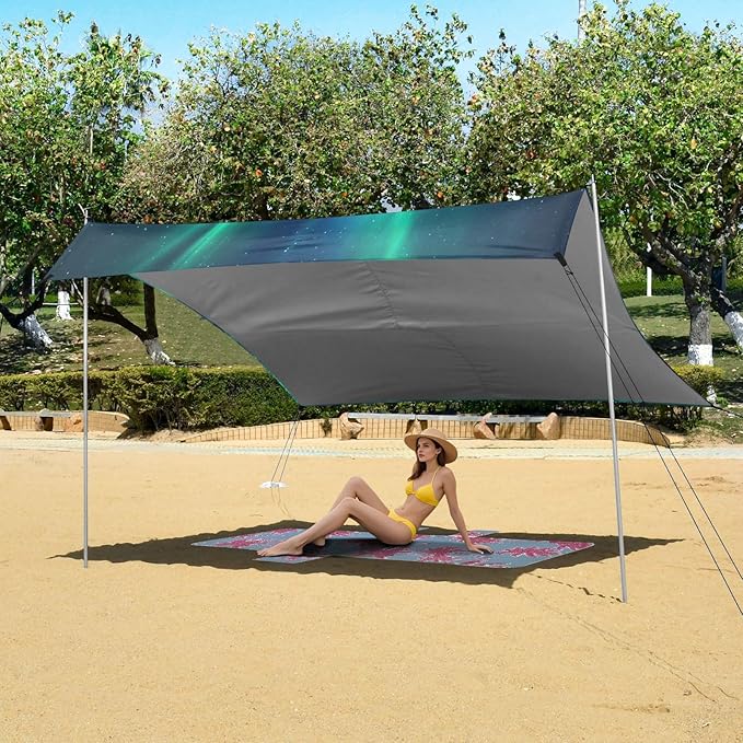 Aurora Borealis Pattern Beach Tent Sun Shelter 9.2' x 10.5' Beach Canopy with 4 Sandbags 4 Stability Poles Sand Shovels - Tent Canopy for Beach Camping Fishing Picnics