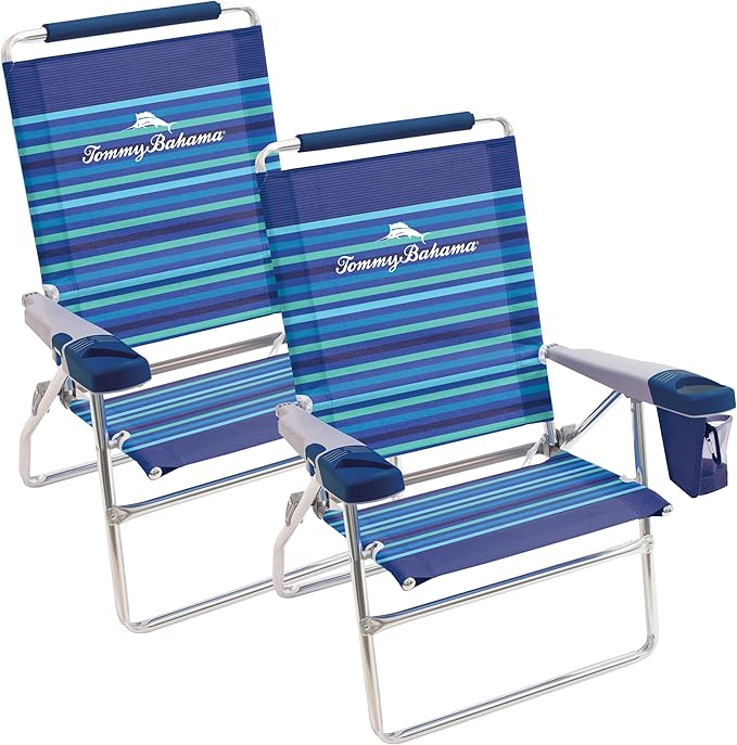 Tommy Bahama Set of 2 Highboy 4 Position Beach Chairs 15 Inch Seat Height with Cupholder Side Storage Pouch and Mobile Phone Holder