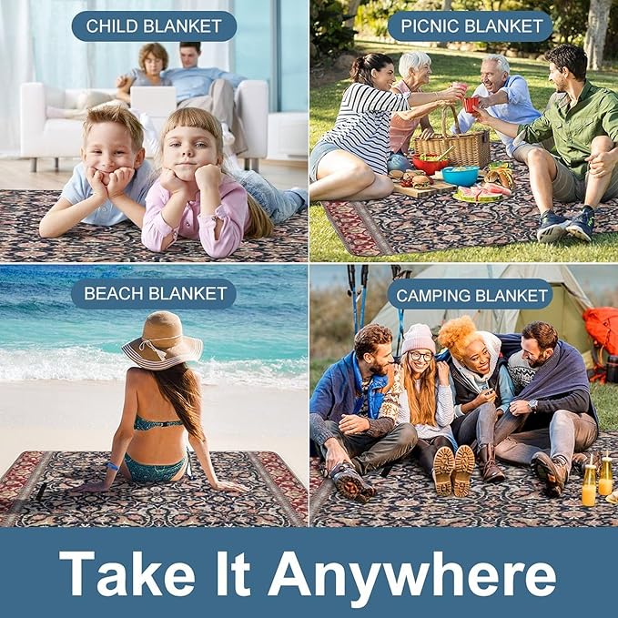 Vintage Ancient Turkish Pattern Waterproof Outdoor Picnic Blanket Sandproof Beach Mat for Camping Hiking Grass Travelling