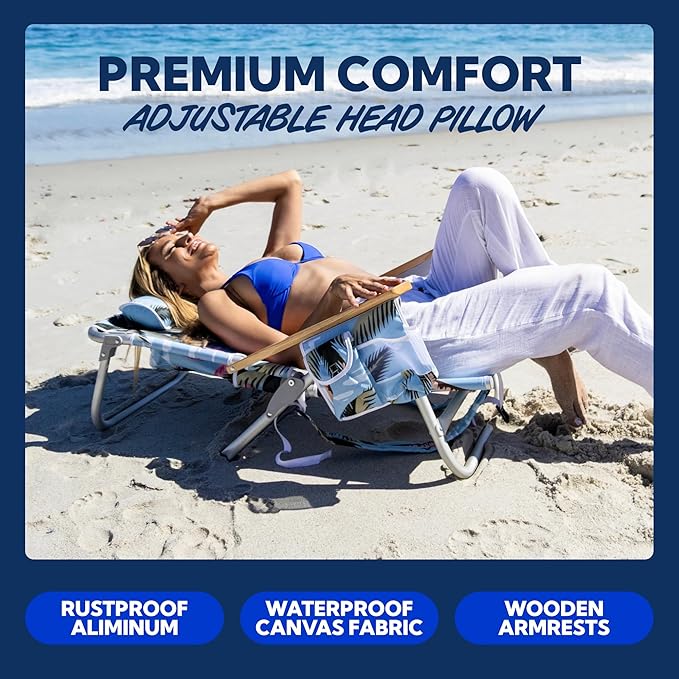 SUN NINJA Beach Chair – Folding Chair for Beach with 5 Reclining Positions Cup &amp Phone Holder Insulated Back Storage Pouch Portable Lightweight Aluminum Frame – Palm Tree 1pc