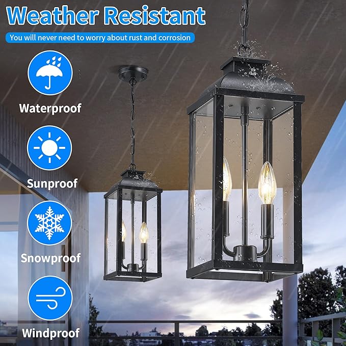 Large Outdoor Pendant Light 2-Light 15.8 Dusk to Dawn Exterior Hanging Lights Fixture with Clear Glass Modern Black Outdoor Chandelier for Gazebo Porch Patio Front Door