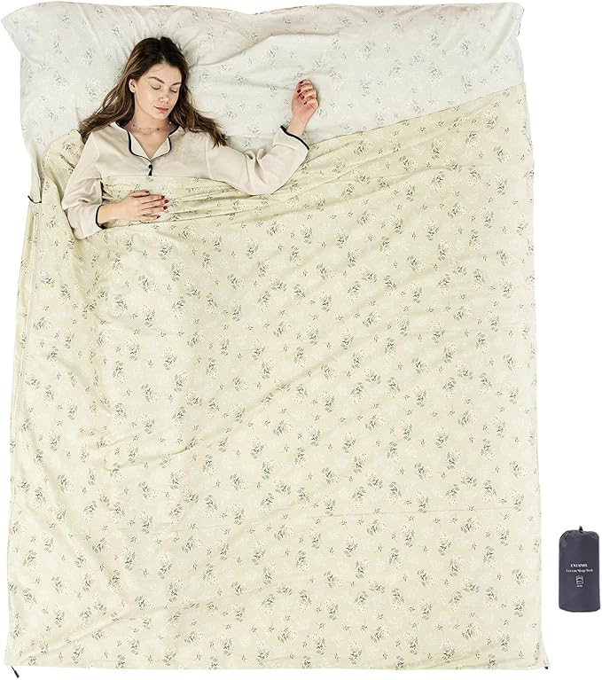 100% Cotton Sleeping Bag Liner with Full Length Zipper on 3 Sides Single/Double Adult Sleep Sack for Travel &amp Camping Multifunctional Travel Sheets (Unzipped 87”x87”) for Hotel Lightweight