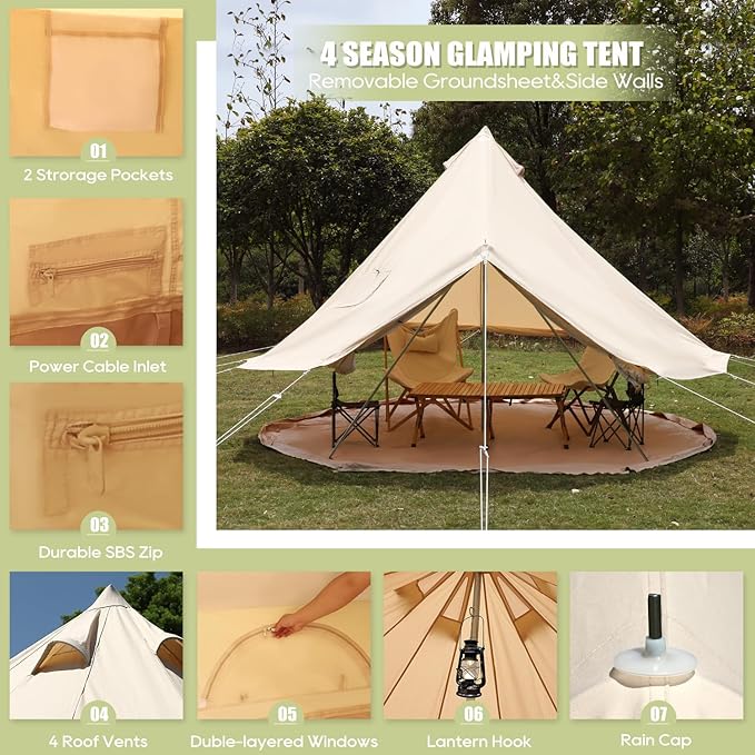 Luxury Cotton Bell Tent Yurt Canvas Tent with Stove Jack 4/6/8 Person Family 4 Season Camping