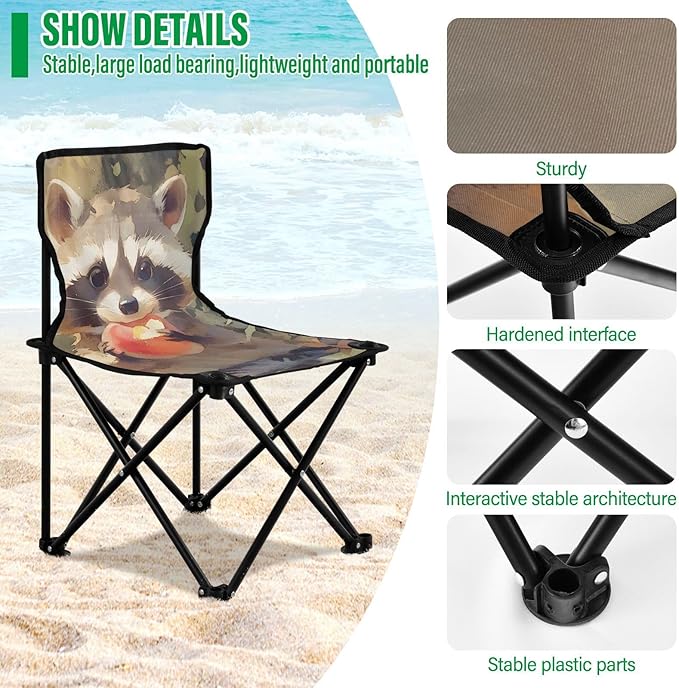 Raccoon Hold Fruit Portable Camping Chairs Folding Chair - Durable Oxford Fabric Lightweight Iron Frame Easy Fold Design - Ideal for Outdoor Activities Camping Fishing and Travel