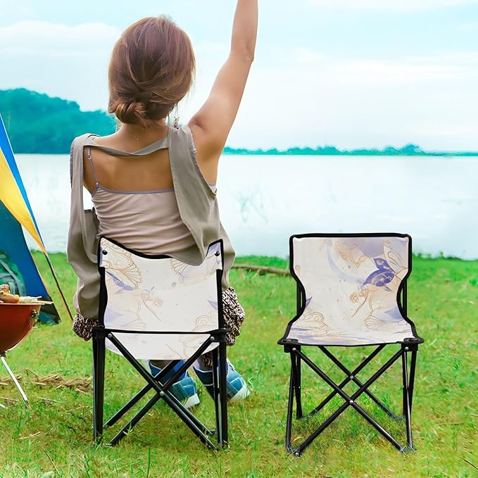 Blue and Purple Flowers Portable Camping Chairs Folding Chair - Durable Oxford Fabric Lightweight Iron Frame Easy Fold Design - Ideal for Outdoor Activities Camping Fishing and Travel