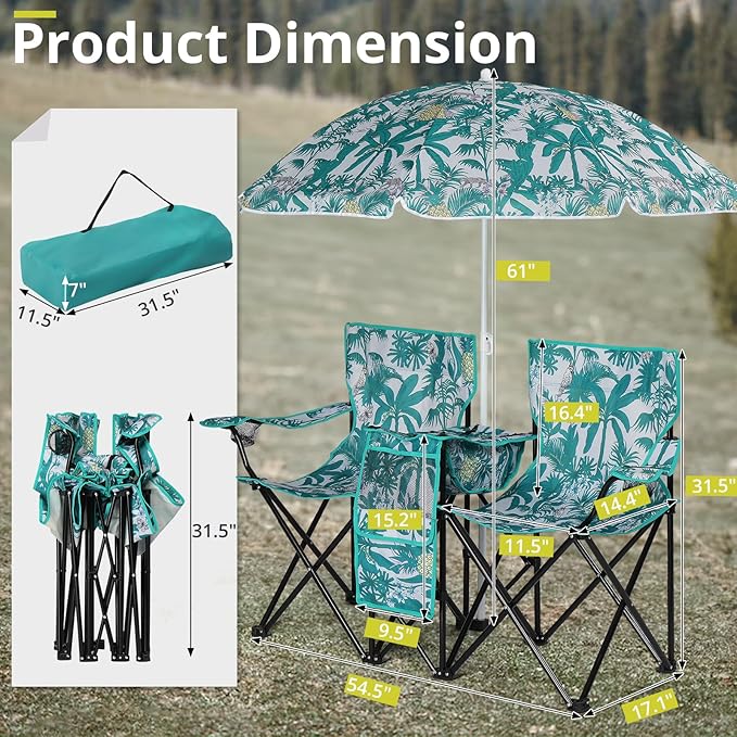 Double Camping Chair with Umbrella Folding Beach Chair Loveseat Chairs with Canopy Shade and Cooler Bag Double Rocker Chair Outdoor for Camping Beach Picnic Fishing Patio Pool Park