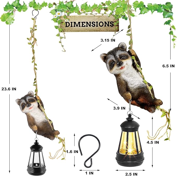 Solar Hanging Raccoon Statue Outdoor Resin Animal Figurine with LED Lights for Garden Fence Porch Patio Yard Decor Dusk to Dawn Auto On/Off