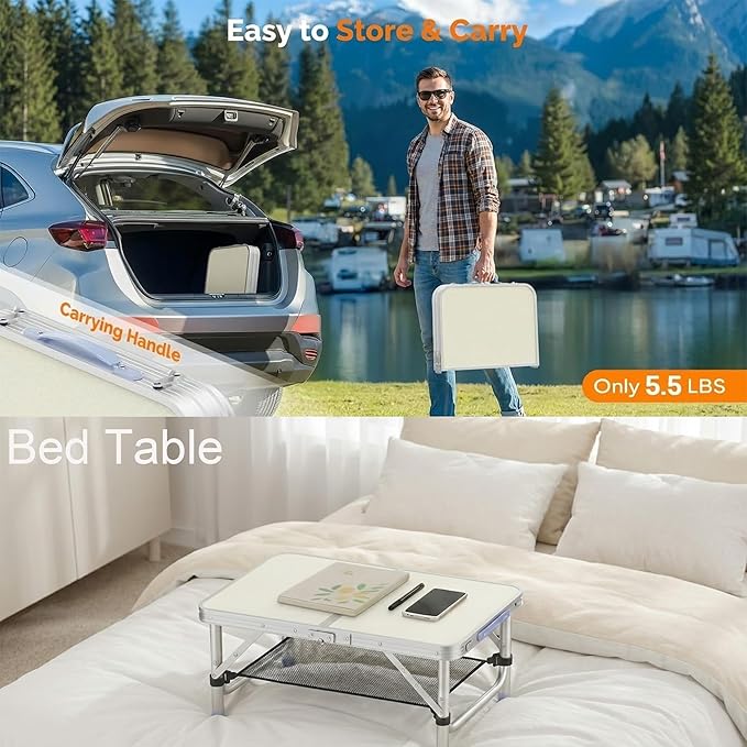 Small Folding Table Portable 2ft Camping Pinic Table with 3 Adjustable Height Aluminum Foldable Lightweight Patio Side Table with Carry Handle for Outdoor Indoor Hiking Camp BBQ Beach (White)