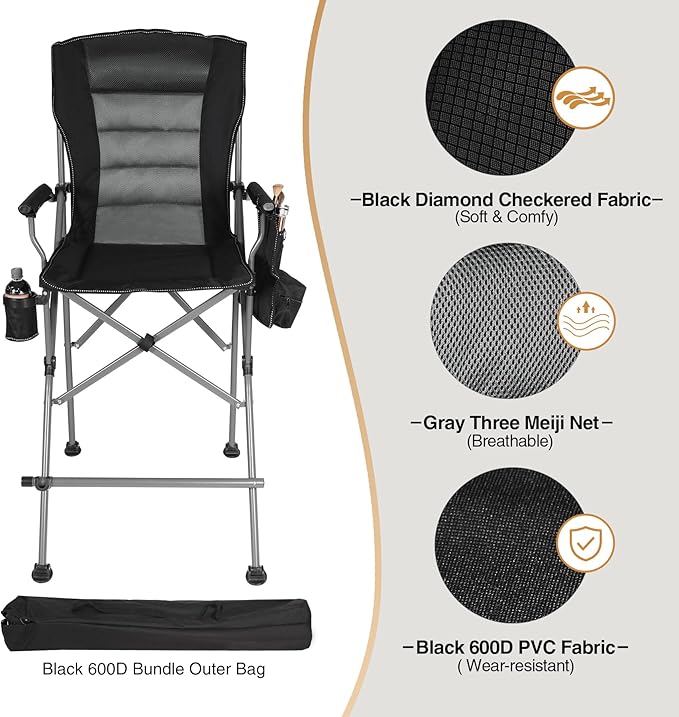 Extra Tall Folding Chairs for Adults 330lbs Portable Bar Height Foldable Director Chairs for Camping Outside Comfortable with Makeup Pocket High Back and Footrest Black