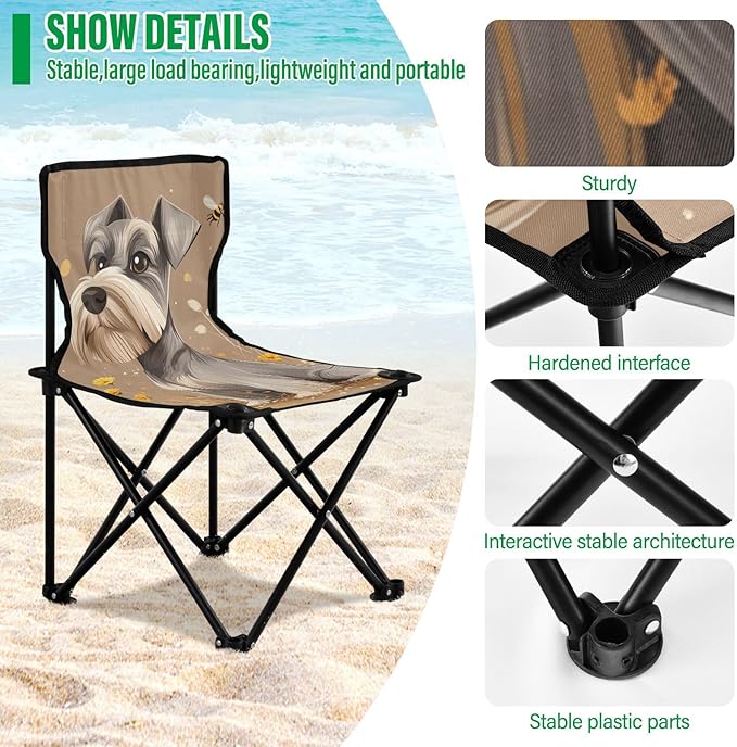 Cartoon Lovely Miniature Schnauzer Dogs Brown Collapsible Camp Chairs for Adults Heavy Duty Ultra-Lightweight Portable Chair Includes Carry Bag Ice Fishing Chair with Back for Traveling Indoor