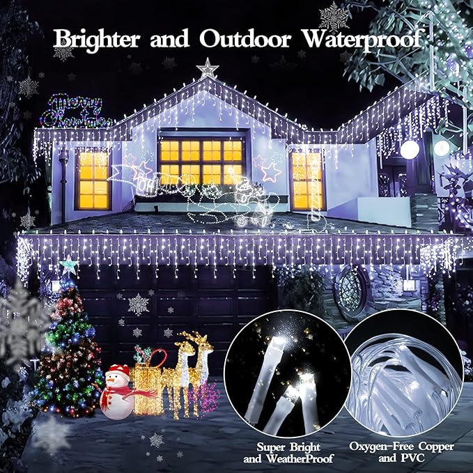 98FT 960 LED Christmas Lights Waterproof 8 Modes Ice Lights for Outside with Memory and Timer Hanging Fairy Lights Plug-in Curtain String Lights for Holiday Party Wedding Home (Cool White)
