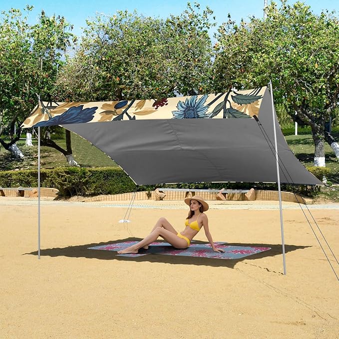 Blue Flowers Beige Beach Tent Sun Shelter 9.2' x 10.5' Beach Canopy with 4 Sandbags 4 Stability Poles Sand Shovels - Tent Canopy for Beach Camping Fishing Picnics