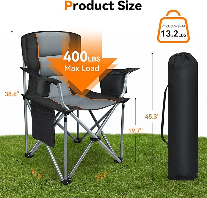 Camping Chairs for Adults Heavy Duty Oversized Fully Padded Folding Chairs for Outside with Cup Holder Cooler Bag and Side Pocket Support 400 Lbs Versatile for SportsOutdoors &amp Lawns