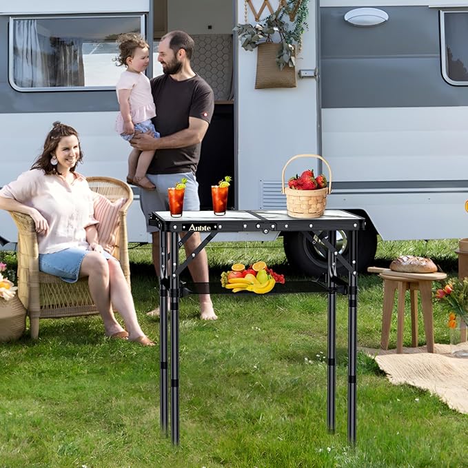 Anbte Folding Camping Table with Storage Net 3 Adjustable Height Max 27.5 Aluminum Small Folding Table Portable Table with Carry Handle Lightweight for Outdoor Indoor Travel Camping Picnic