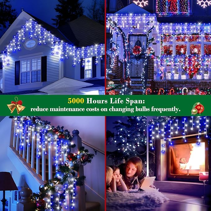 XURISEN 66ft Christmas Lights Decorations Outdoor 640 LED 8 Modes Curtain Fairy Lights with 120 DropsPlug in Waterproof Timer Memory Function for Christmas Holiday Wedding Party Decor(Blue+Cool)
