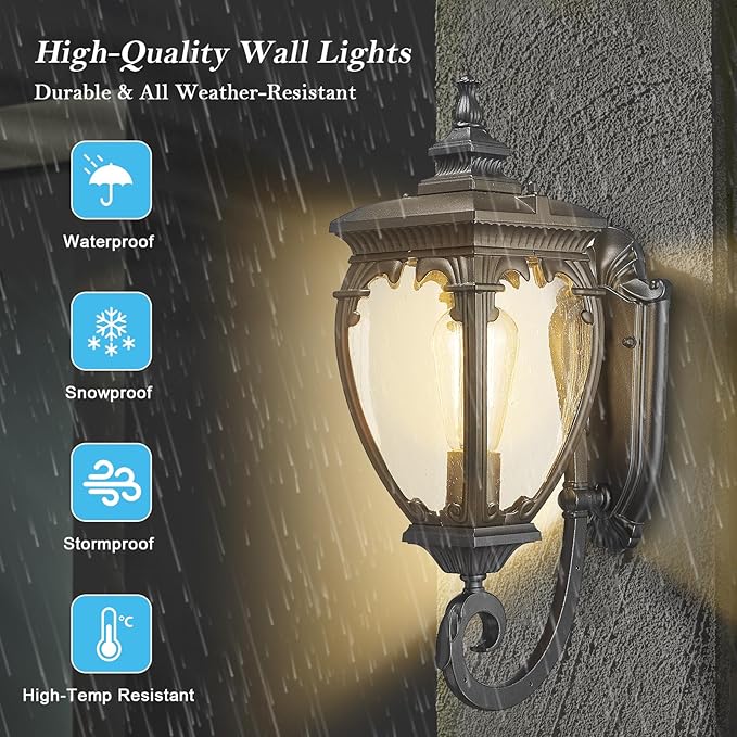 Porch Light Outdoor Wall Lights Exterior Lighting Fixtures 18.7 Inch Waterproof Black Porch Lights Outdoor Wall Sconces Light Fixture with Seeded Glass for Outside Patio Garage