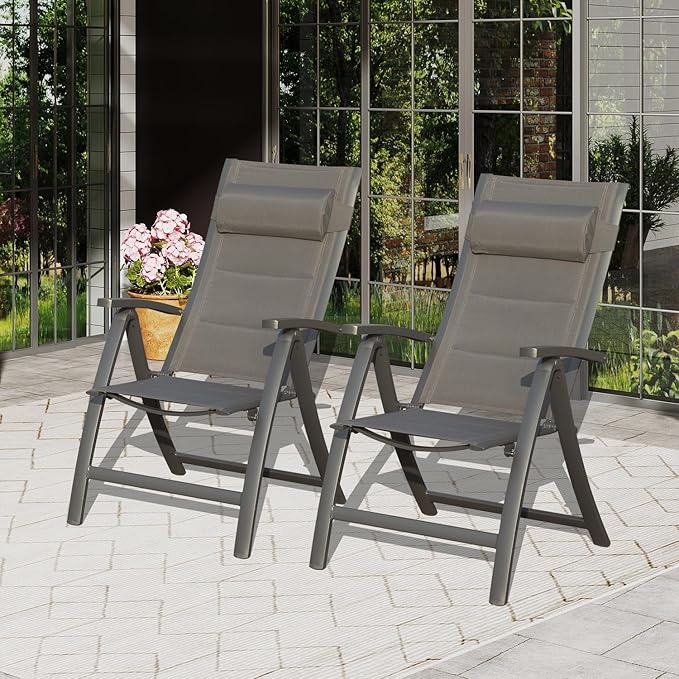Domi Patio Outdoor Sling Chairs Set of 2 with Moveable Headrest Folding Chairs Outdoor Reclining Camping Chairs with Armrest Adjustable High Backrest and Padded Textilene Fabric Seat