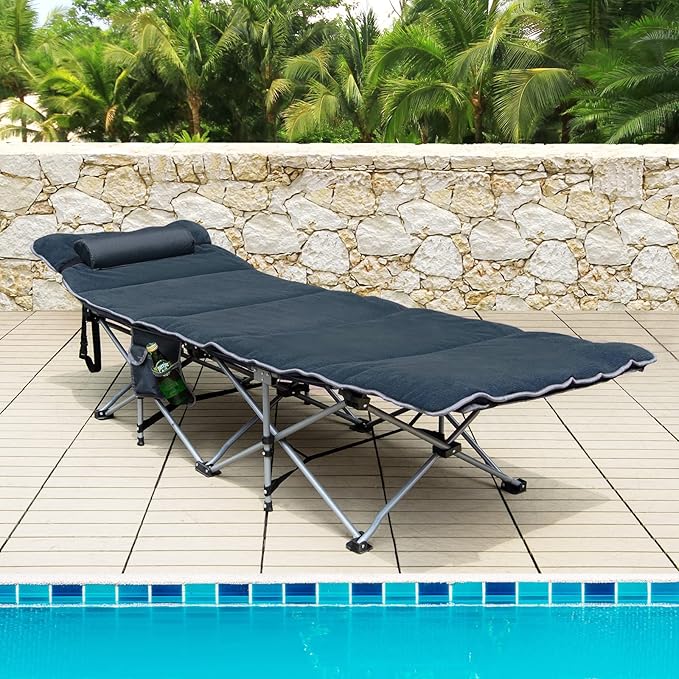 Goplus Camping Cot Folding Camping Cot with Mattress Pillow Carry Bag Storage Pocket Camping Bed Military Cot for Home Office Nap Hiking Heavy-Duty Portable Sleeping Cot for Adults Kids (Blue)