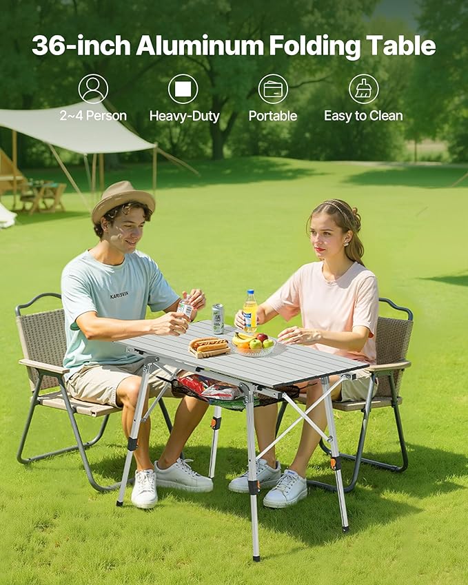 VEVOR Folding Camping Table Portable Roll Up Side Tables Lightweight Aluminum Beach Table for Outdoor BBQ Tailgating Picnic Travel (35 inch-Silver)