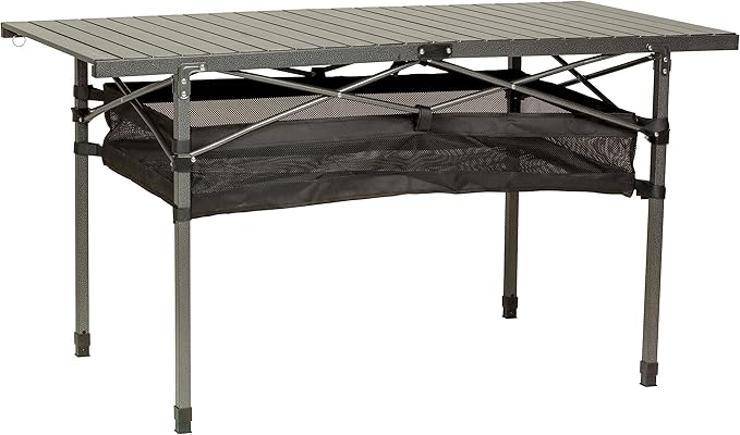 Lippert Camping Dining Table Slatted Aluminum Tabletop Foldable Design Heavy-Duty Steel Legs Powder-Coated Protection Mesh Storage Shelf 80-lb. Capacity Carrying Bag - 2022122524