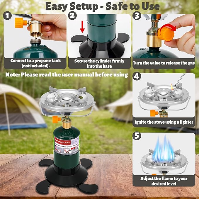 Propane Camping Stove Portable Backpacking Stove with Adjustable Burner Stable Camp Gas Stove for Outdoor Cooking Single Burner Propane Stove for Hiking Tailgating Grilling (Fuel not Included)