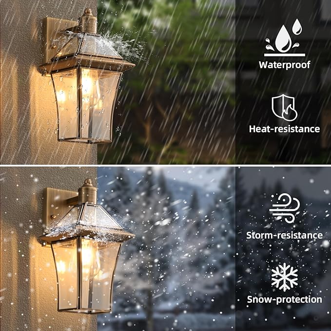 Waterproof Brass Outdoor Wall Lanterns (2-Pack) - E26 Socket &amp Glass Shade Exterior Wall-Mounted Lights Rustproof Modern Sconces for Front Door Porch Yard &amp Entryway