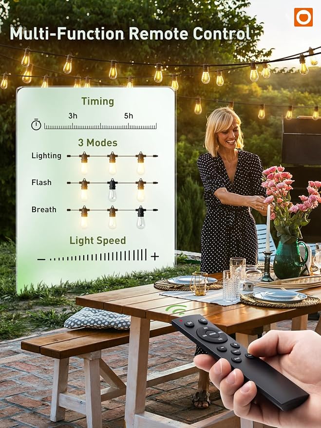 addlon 100FT LED Outdoor String Lights Remote Dimmable Patio Lights with Timer &amp 3 Lighting Modes 32 Shatterproof Edison Bulbs Waterproof Connectable String Lights for Outside Backyard Porch Pa
