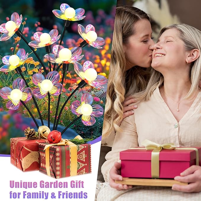 Solar Garden Lights Outdoor New Upgraded 4-Pack Firefly Solar Lights with Iridescent Petals &amp Warm White Glow - Waterproof Wind-Swaying Decor for Yard Patio