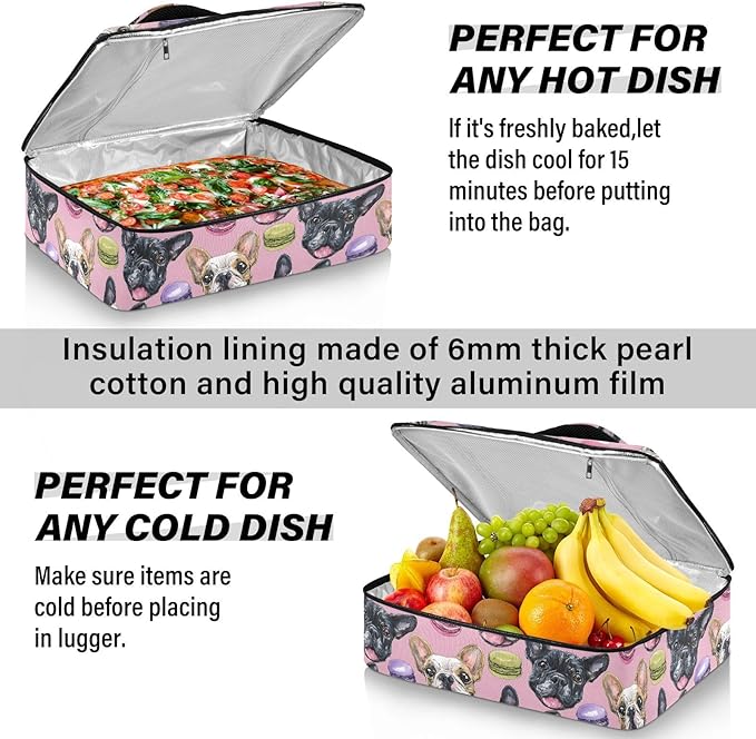 Casserole Carrier Pattern Bulldog FacesInsulated Casserole Carrier for Hot or Cold Food Thermal Lunch Tote for Potluck Parties Picnic Beach Fits 9 x 13 Inches Baking Dish