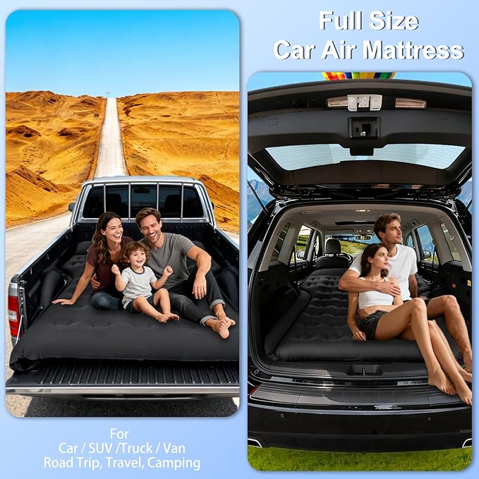 Car Air Mattress - Full Size SUV mattress Inflatable Camping Bed for Cars VAN Truck Trunk 4.6x6 ft Universal Car Airbed Thicked 20cm Foldable Soft Sleeping Mat for Travel Roadtrip Tent Home Black