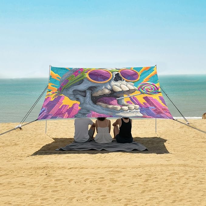 ALAZA Skull Lollipop Pop Art Beach Tent Sun Shelter UPF50+ Protection Beach Shade Canopy w/ 4 Sandbags for Outdoor Camping Fishing Backyard Fun Picnic 10x9 ft