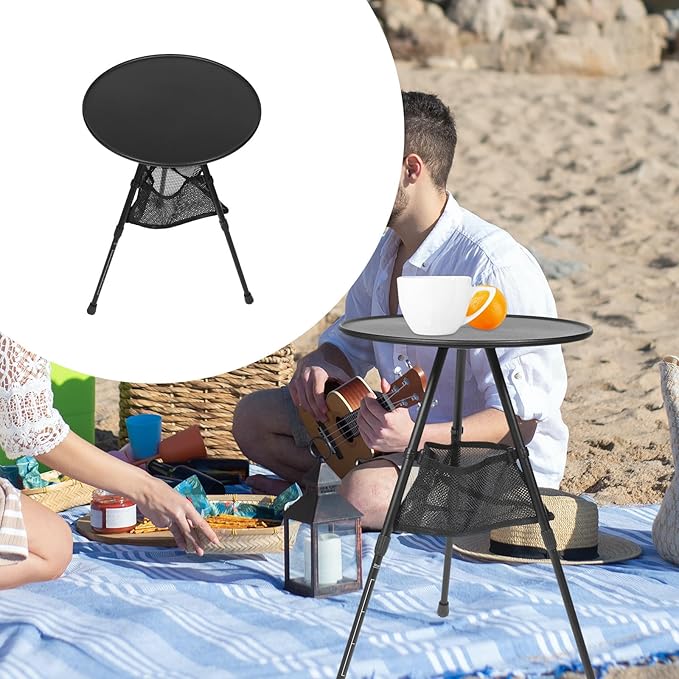 YARNOW Portable Camping Folding Table Adjustable Height Aluminum Alloy Round Table with Mesh Storage Bag Lightweight Outdoor Picnic and Hiking
