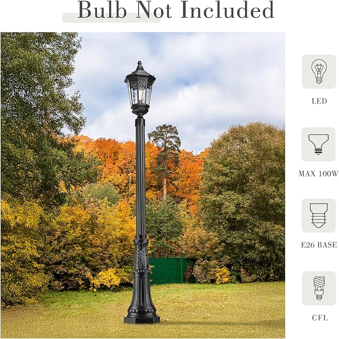 Emliviar 82 Inch Outdoor Post Light Hard Wired Exterior Water Ripple Glass Street Light Fixture for Garden in Black Finish E26 Base 100W Max XE304PL BK-SW