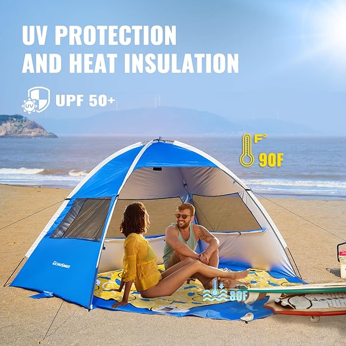 EchoSmile UPF 50+ Beach Tent Sun Shelter for 3/4 Person Portable Beach Cabana Tent