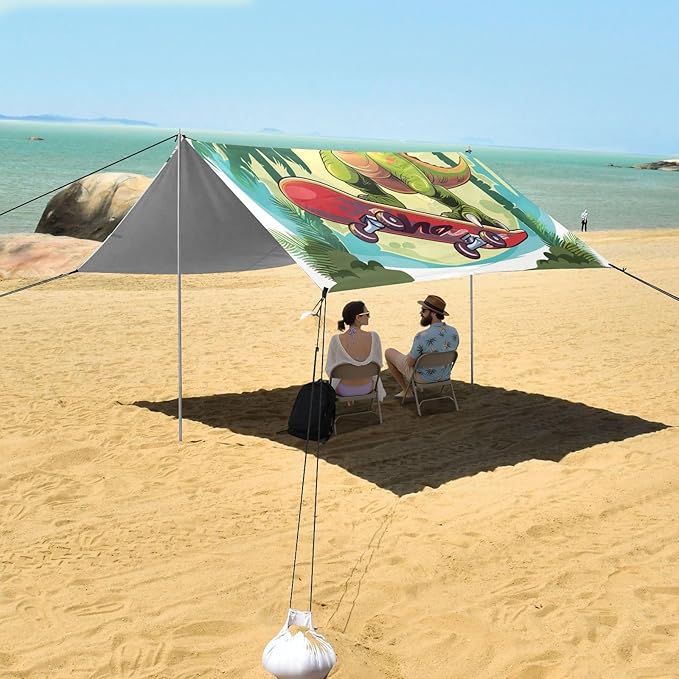 ALAZA Dinosaur Skateboard Funny Beach Tent Sun Shelter UPF50+ Protection Beach Shade Canopy w/ 4 Sandbags for Outdoor Camping Fishing Backyard Fun Picnic 10x9 ft