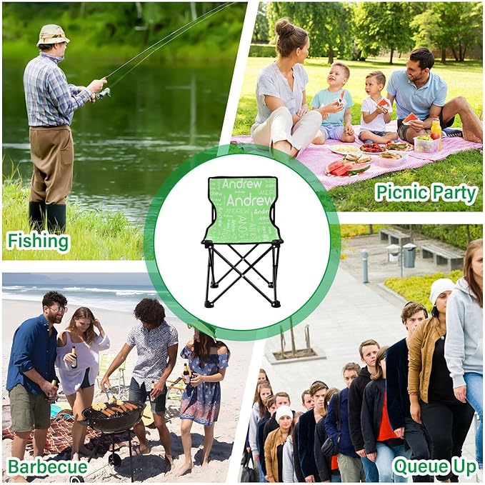 Sinestour Pale Green Custom Folding Camping Chair for Teen Child Personalized Name 14.6×14.6in Portable Outdoor Chair with Carry Bag for Picnic Lawn Travel