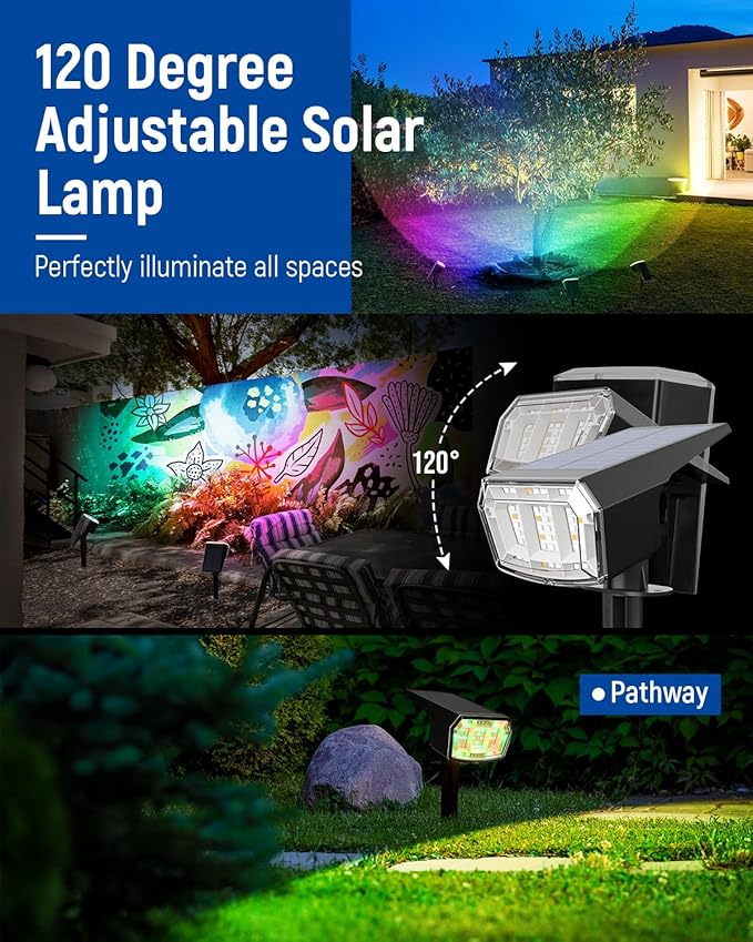 Solar Spot Lights Outdoor 9 Lighting Modes RGB Solar Lights Outdoor Waterproof IP65 63 LED Landscape Spotlights for Holiday Decorations
