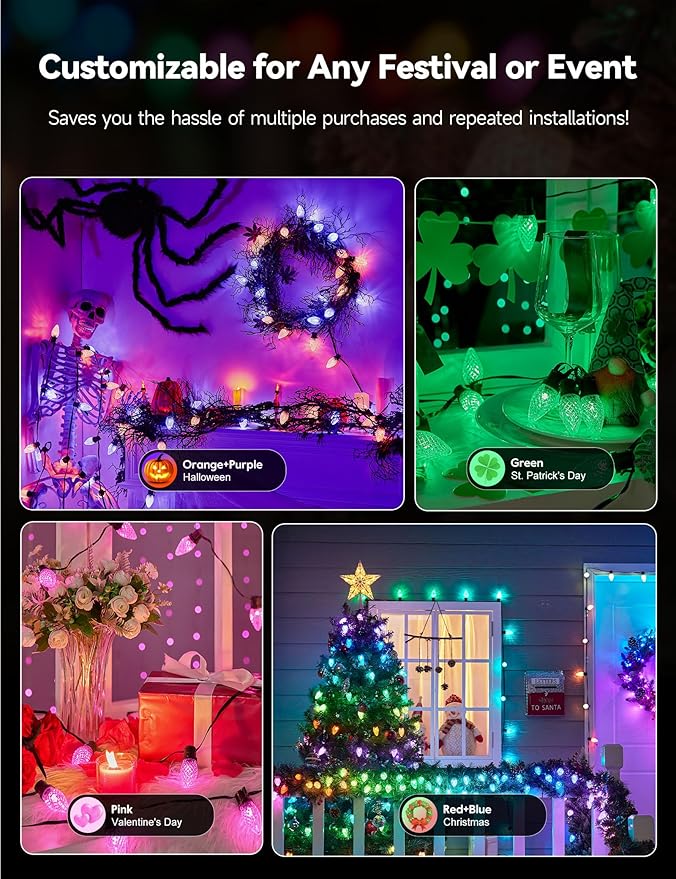 Minetom Smart C9 Christmas Lights Outdoor 100 LED 99FT Christmas Color Changing Fairy Lights App Control Music Sync 105 Preset Modes Connectable RGB C9 String Lights for House Indoor Xmas Decor
