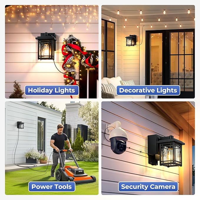2-Pack Porch Light with GFCI Outlet Black Dusk to Dawn Outdoor Lantern Wall Mount Modern Outdoor Sconces Wall Lighting with Glass Shade Waterproof Outdoor Light Fixtures for House Garage