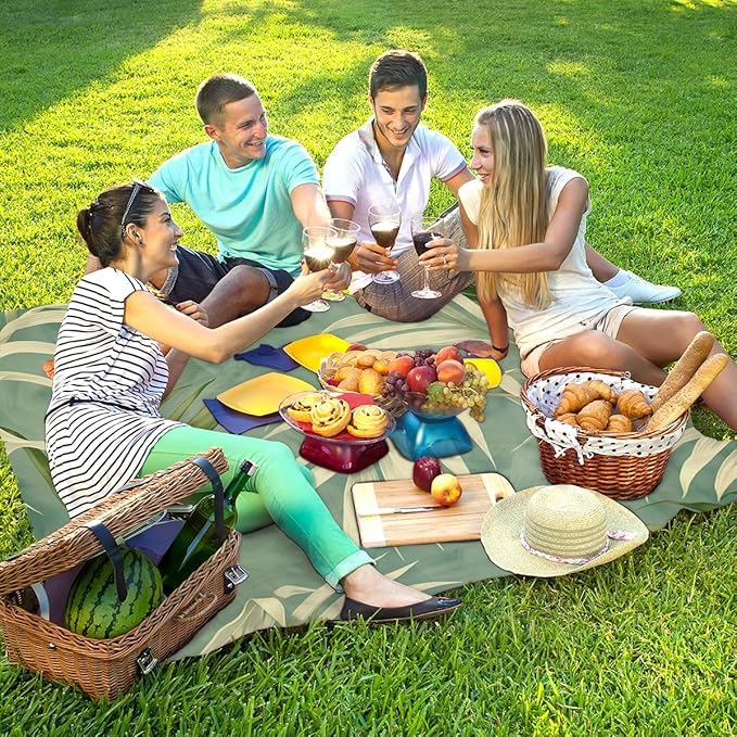 Waterproof Sandproof Beach Blanket 59''×68'' Plants Leaves Polyester Outdoor Picnic Blanket with 4 Stakes &amp Storage Bag for BeachCampingVacation Milk Green