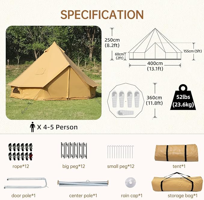 Cotton Canvas Bell Tent with Stove Jack Roomy Yurt for Family Glamping Camping 4 Season Tent with Zipped Removable Floor