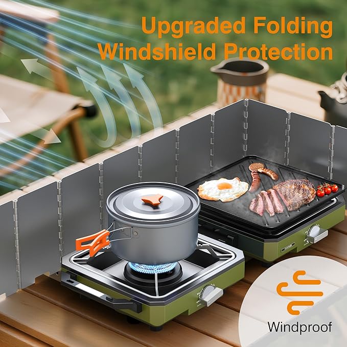 ODSD 2 Burner Camping Stove with Windshield 20000 BTU Propane Camp Stove Portable Folding Gas Stove Camping Essentials Gear Includes Frying Pan Coffee Stand &amp Carry Bag Green