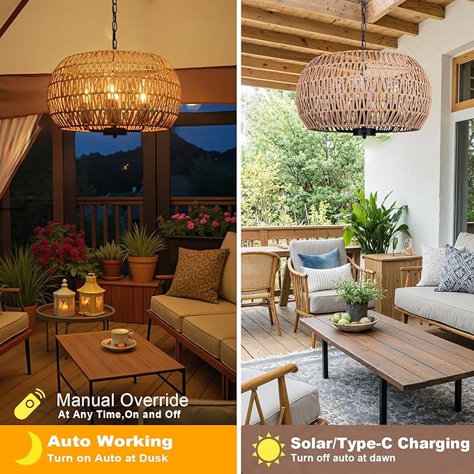 Outdoor Solar Chandelier 4-Light 19 Rattan Outdoor Chandelier Hanging Pendant Lights Waterproof for Gazebo Pergola Porch Patio